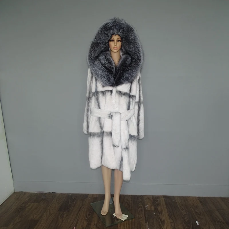 Роскошное зимнее пальто для женщин из натурального меха кролика Рекс, пальто с большим мехом лисы, с капюшоном, с отделкой воротником, плюс размер, натуральное меховое пальто
