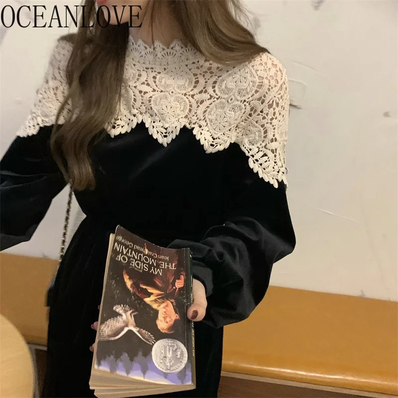 OCEANLOVE Lace Velvet Long Dresses Patchwork Puff Sleeve Vintage Autumn Winter Women Dress Half Turtleneck 2021 Ins Vestidos | Женская