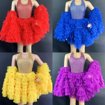 

Blue Red Rhinestone Long Sleeves Bodysuit Birthday Celebrate Prom Outfit Women Dancer Singer Party Show Outfit Suit