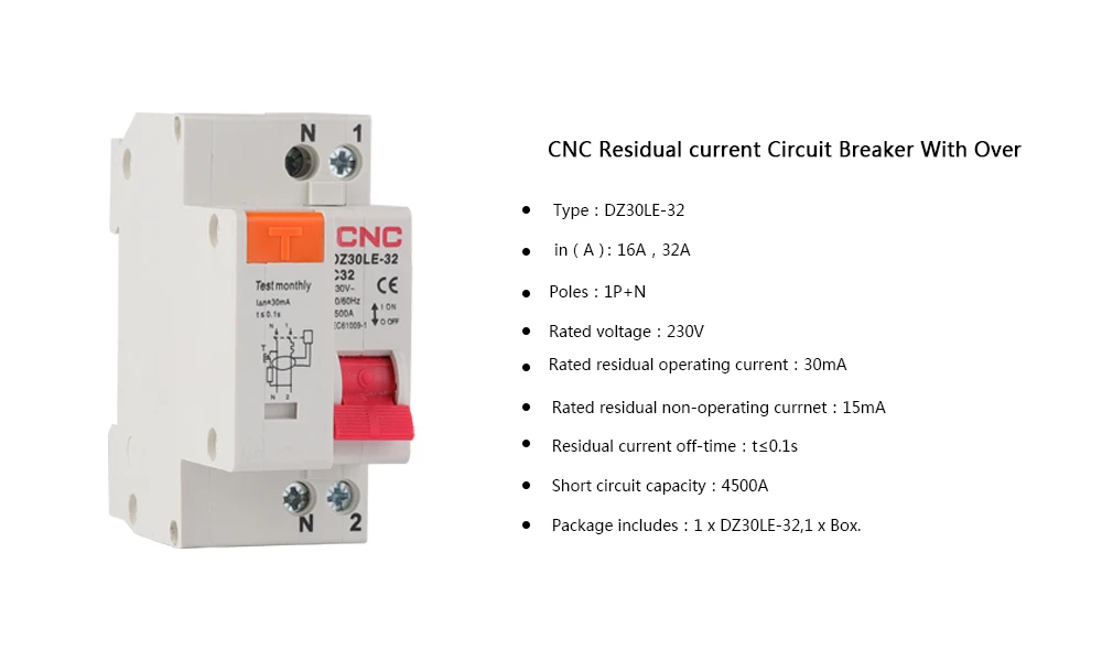 CNC DZ30LE-32 MCB 230 V 1P+N Fehlerstromschutzschalter mit Über- und Kurzstrom-Leckageschutz RCBO – Detail 1