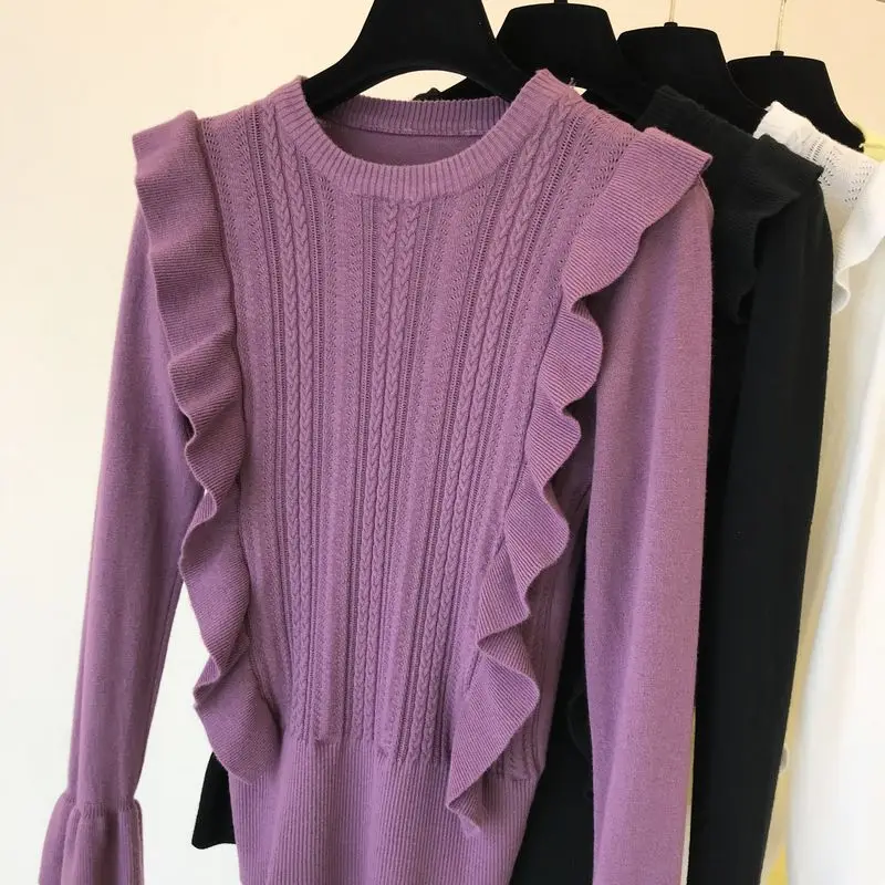 Neploe/осень, новая Корейская Милая зимняя одежда, Вязанный свитер с рукавами-колокольчиками и рюшами, тонкий, Pull Femme Hiver 46371