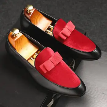 

37~48 Plus Size Red Bottom Suede Bow Tie Loafers Men Pointed Toe Tassel Slip On Dress Wedding Shoes Fringed Loafer Formal Shoe