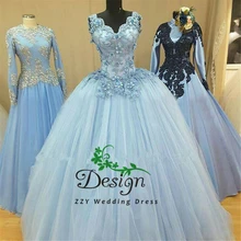 Vestidos De 15 Anos Quinceanera 201 синий v-образный вырез аппликации цветы Тюль Спагетти ремни винтажное бальное платье Бальные платья
