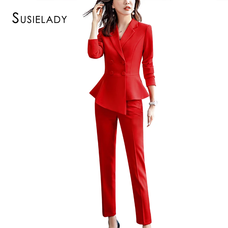 SUSIELADY женские костюмы Твердые двубортные офисные брючные с рюшами