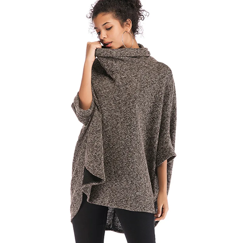 

2020 New Style for Autumn and Winter Europe and the United States Women's Large Size Irregular Cape Sweater Coat Turtleneck Top
