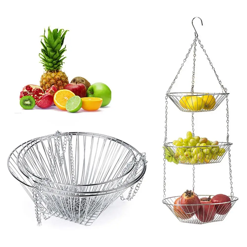 3 Layer Stainless Steel Hanging Fruit Vegetable Storage Basket Home