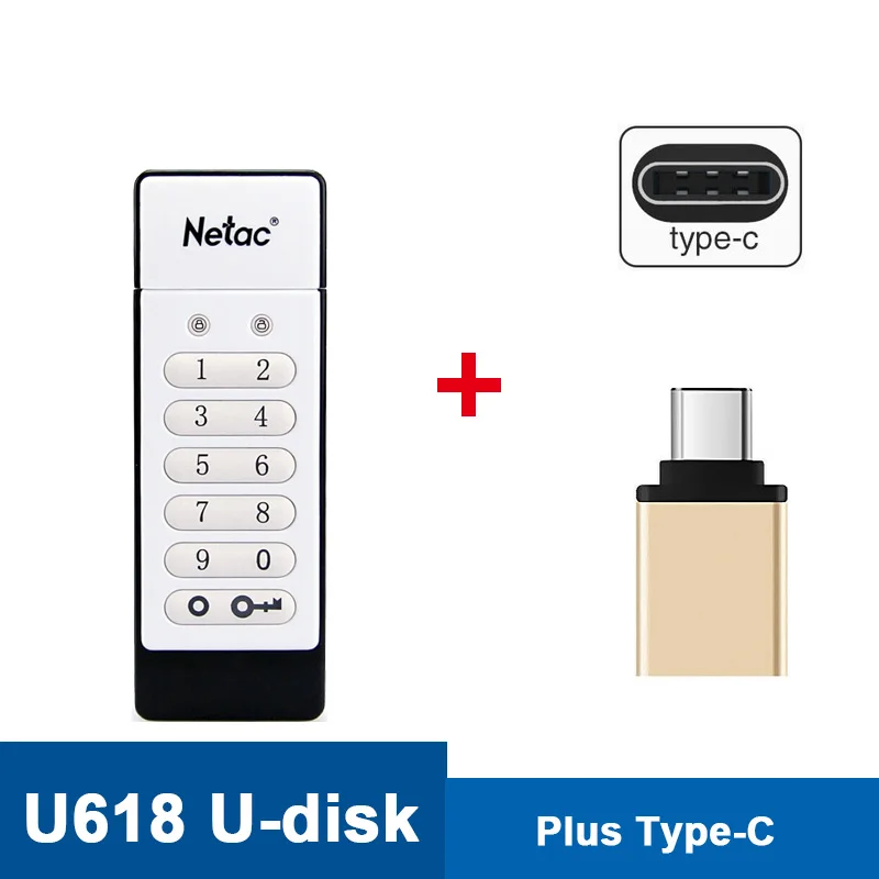 U618-Plus-Type-c usb флешка Клавиатура Netac с зашифрованным usb-накопителем 16 ГБ 32 ГБ 64 ГБ USB2.0 аппаратный компактный накопитель с шифрованием U618 U-SAFE карта памяти 32 Гб диск флешки - Цвет: U618-Plus-Type-c