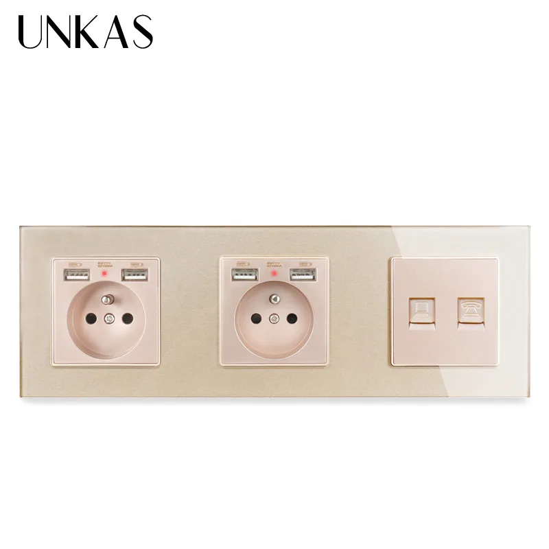 Двойная французская стандартная розетка UNKAS со стеклянной панелью и 4 USB портами