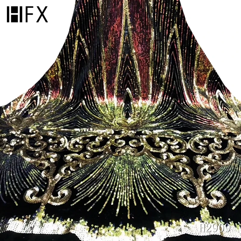 HFX бархатная блестящая ткань нигерийская черная Золотая кружевная ткань Новое поступление вечернее платье африканская Кружевная Ткань 5 ярдов H2971