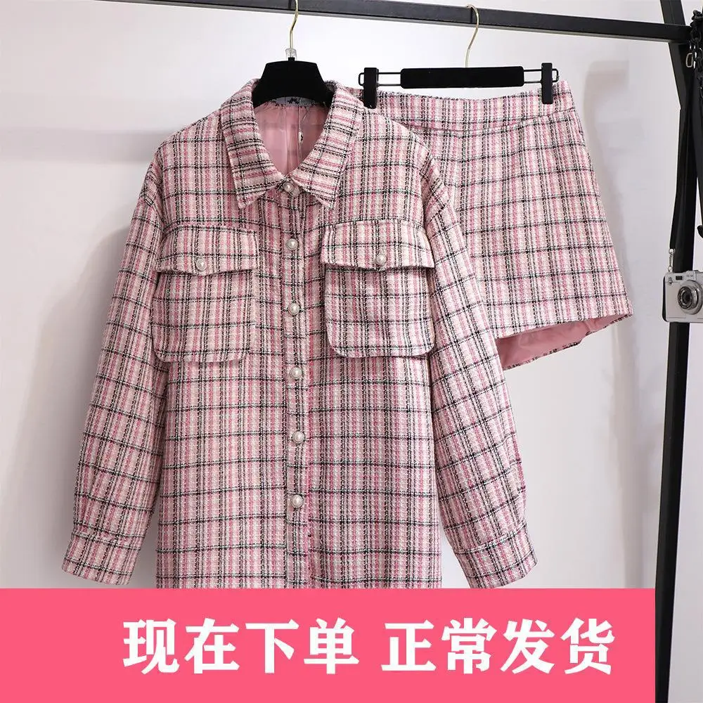 

300 Large Size Dress Fat Mm2020 Spring And Autumn New Style Tweed Plaid Coat Shorts Casual Two-Piece Set