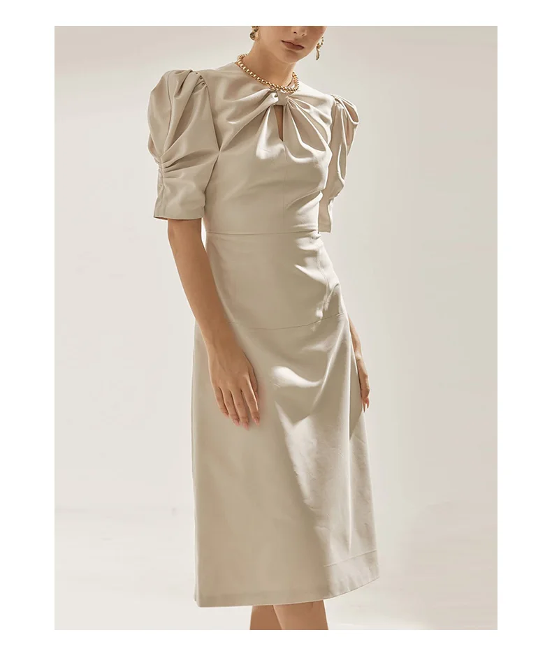 Dresses Round Neck Pleated Puff Sleeves Scheming Hollow and Thin Mid-length Retro Dress Dress  Dress