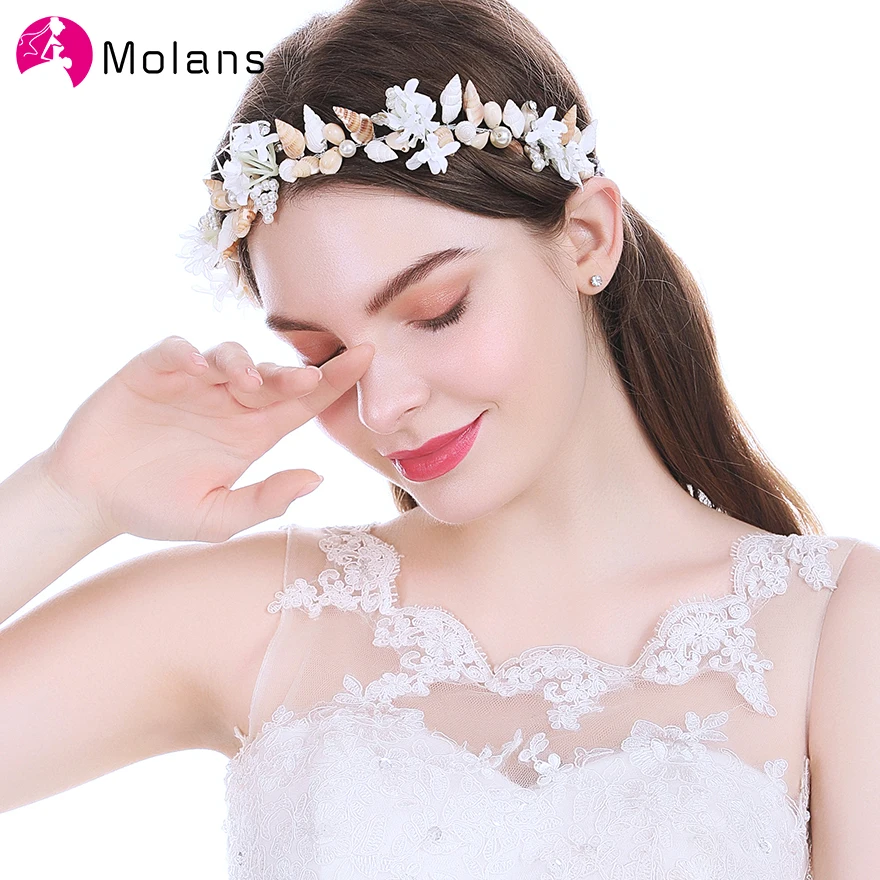 

MOLANS Seaside Shell Bride Tiaras Natural Shell Conch Holiday Photo Headbands Adjustable Ribbon Pearls Rhinestones Flower Crown