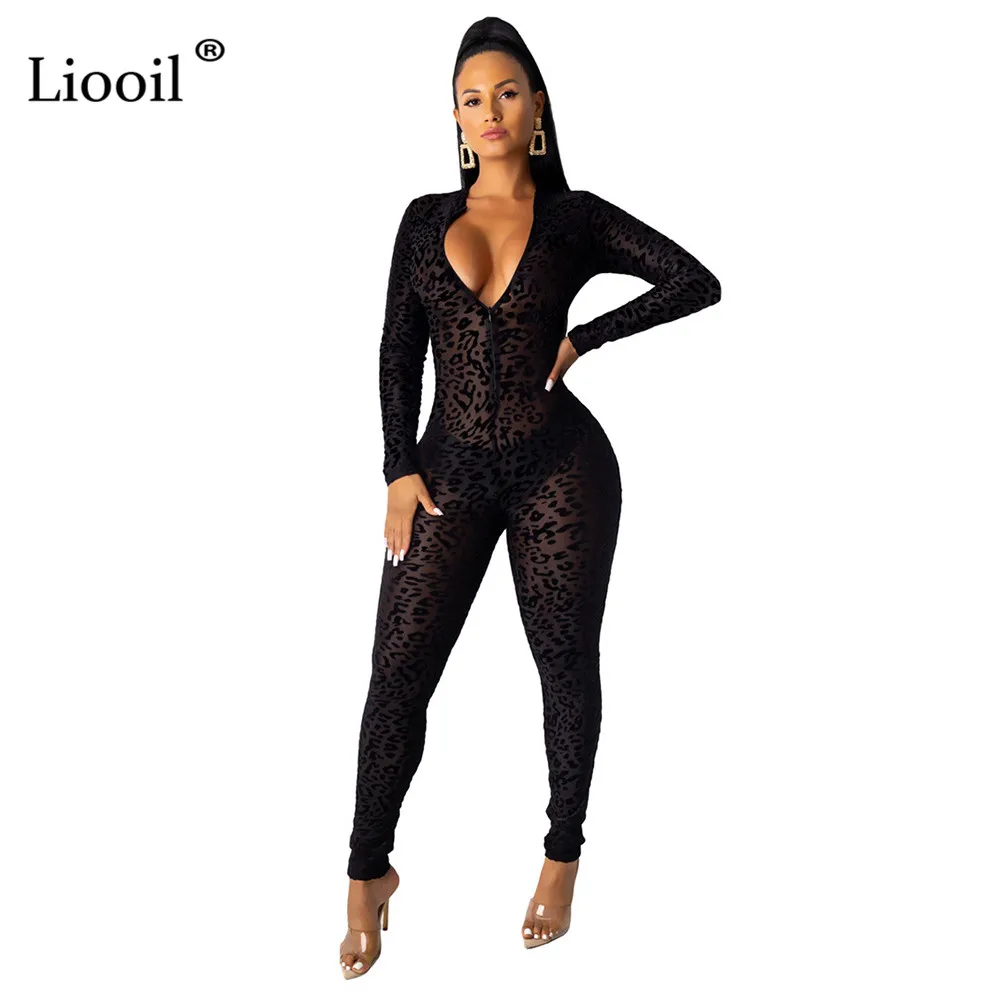 

Liooil Leopard Print One Piece Outfits Mesh Sheer Sexy Tight Jumpsuits For Women 2019 Long Sleeve Zip Up Party Club Jumpsuit