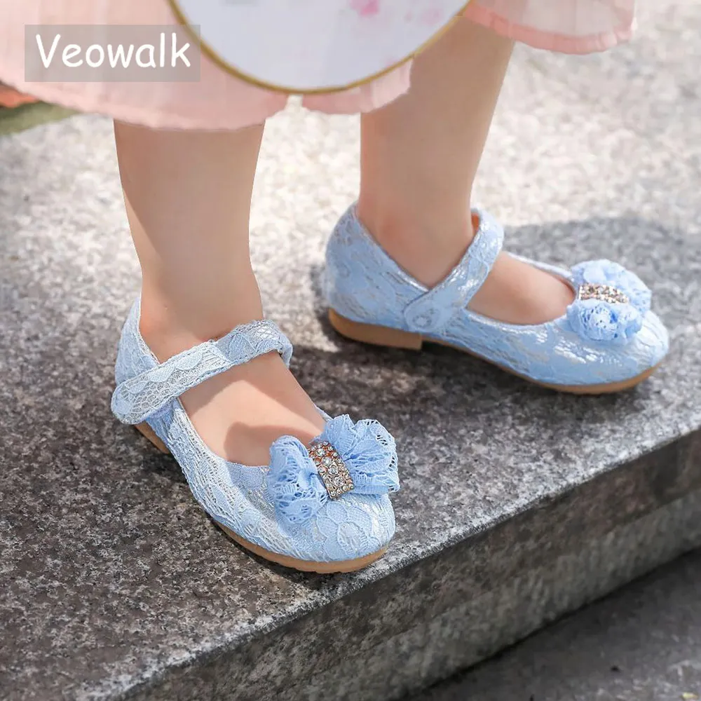 

Veowalk Kids Lace Fabric Flat Shoes with Bowknot 1-14 Year Little Girl Children Teenagers Comfort Cotton Mary Janes Casual Shoes