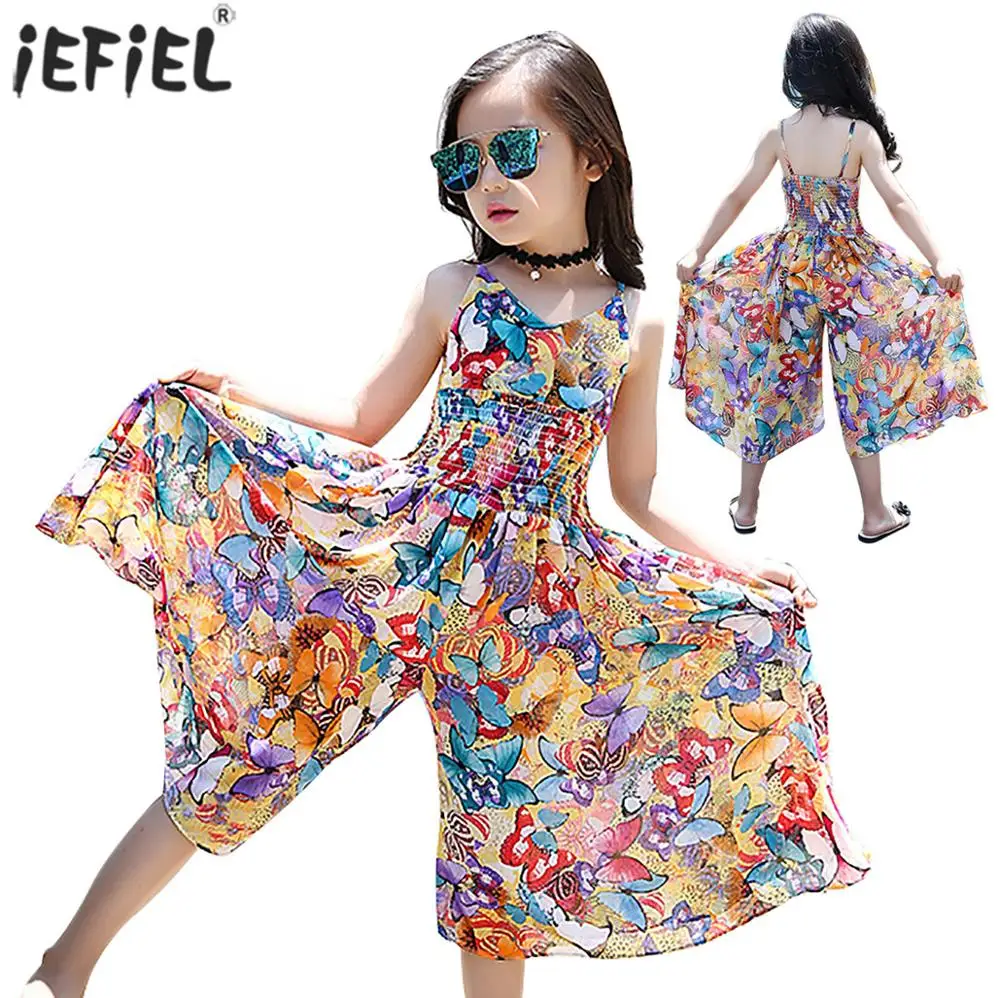 Bohemian Kids Girls Beach Dress Summer Fashion Floral Print Spaghetti Straps High Waist Flowy Wide Leg Jumpsuits Romper | Детская одежда