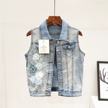 

2020 Spring Autumn Stereo Flower Denim Waistcoat Women's Short Sleeveless Vest Coat Fashion Slim Jeans Jackets Female Streetwear