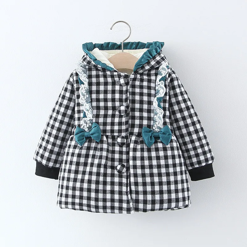 Детская одежда; зимняя утепленная хлопковая стеганая Одежда для девочек; бархатная куртка с кружевом для малышей - Цвет: Черный