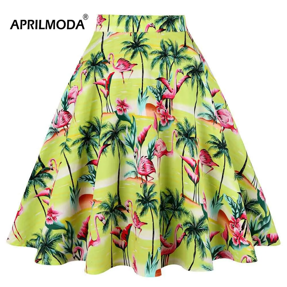 

2019 Fashion Leaf and Flamingo Skirt 50s 60s Women Pleated Vestidos Vintage Style Cotton Faldas School Girls Casual Swing Skirts