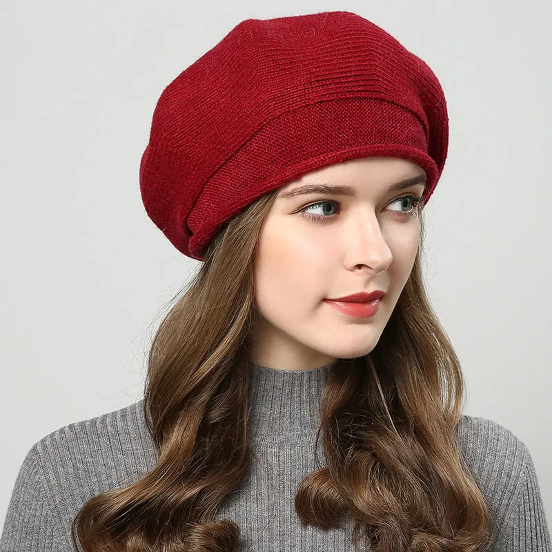 Осенне-зимняя шапка женская хлопок Повседневный однотонный берет Femme - Цвет: Burgundy