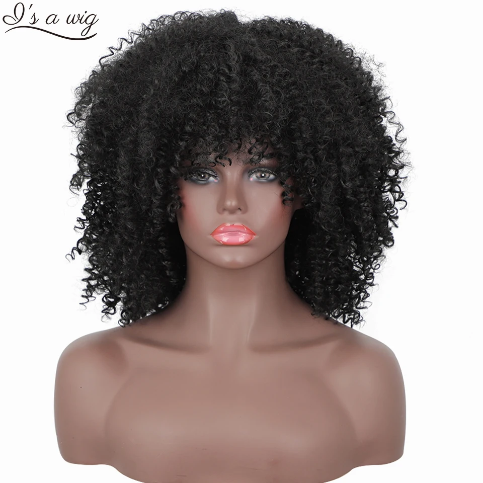 

Short Black Synthetic Wigs Afro Kinky Curly Wig with Bangs for Black Women Brown Red Grey Daily Use Hairs I's a wig