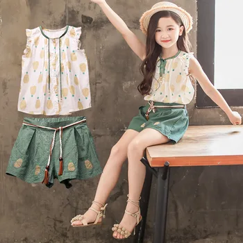 

Girls Clothing Sets 2020 New Summer Pineapple Printing Vest+Pants with Belt Fashion Kids Clothes Casual Clothing Sets