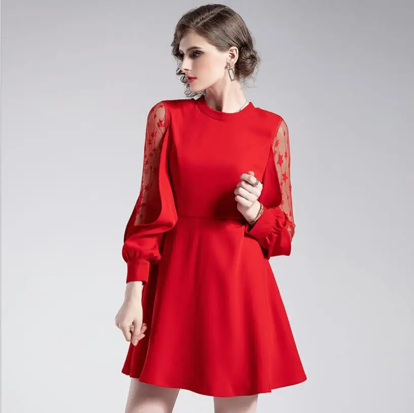 

Women 50S 60S Vintage Fashion Women 2020 Spring / Summer New Lace Stitching A-Line Long Sleeve Elegant Midi Dress