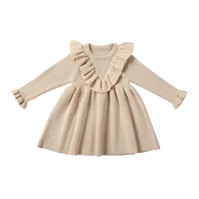 Платья для маленьких девочек; осеннее Повседневное трикотажное платье с длинными рукавами; однотонные платья принцессы с принтом для малышей