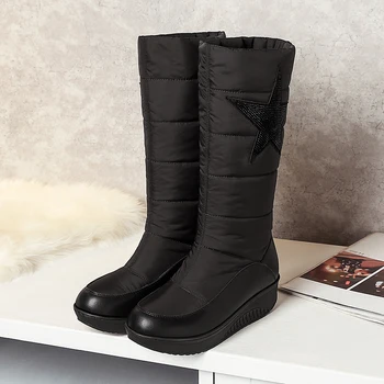 

New waterproof mid calf thick fur winter ladies boots warm snow boots women flat platform boots black white crystal women shoes