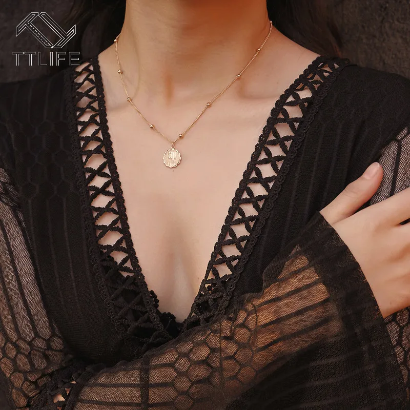

TTLIFE Twelve Constellations Coin Necklace Statement Copper Leo Pendant Necklace Women Jewelry Twelve Horoscope Clavicle Chain