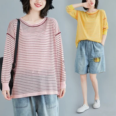 

Autumn Summer Korean Women Knitwear Bottom Top Computer Knitted Striped Oversized Knit Pink Yellow Sweaters And Pullovers Office