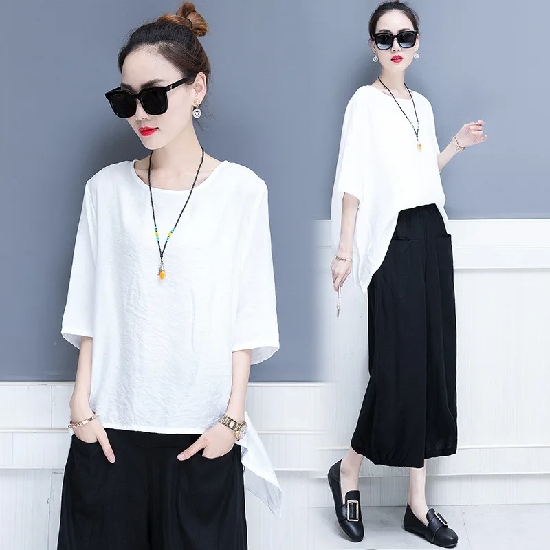 

Cotton Linen WOMEN'S Suit Summer New Style Korean-style Loose-Fit Loose Pants Set-Style Capri Pants Casual Flax Two-Piece Set