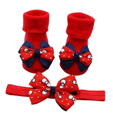Детские носки+ 1 шт., пояс для волос, нескользящие носки с бантом для маленьких девочек, хлопковые носки, подарок на Рождество, милые детские носки, Прямая поставка(От 0 до 2 лет