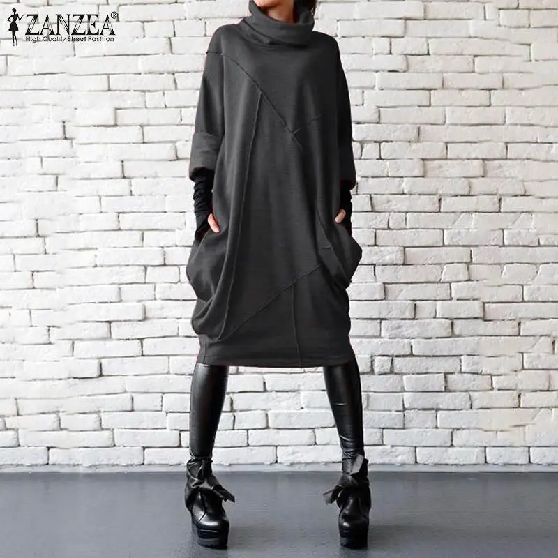 Модное женское платье с высоким воротом, ZANZEA, Осенний сарафан с длинным рукавом размера плюс, с карманами, Vestido, повседневный длинный пуловер, свободный халат, 5XL