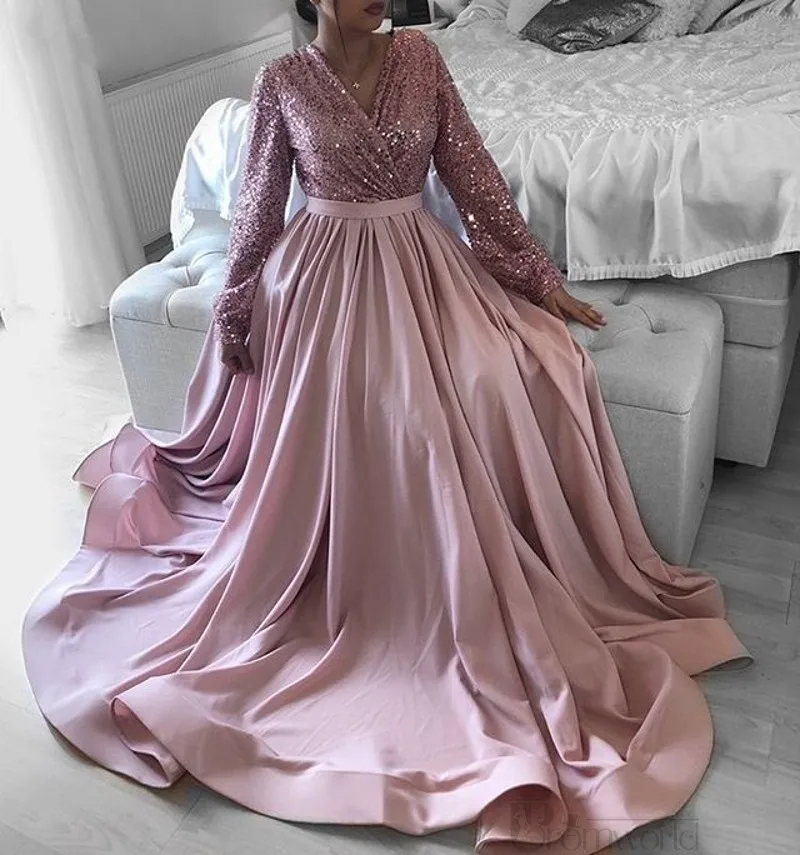 

Pink V-Neck Long Sleeve Formal Prom Dress Women Elegant Sequin Bodice Satin Plus Size Evening Party Gowns Robe Soiree Dubai