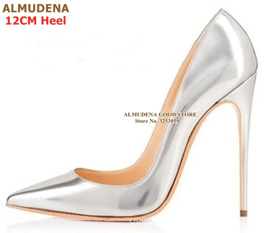 silver 12cm heel ALMUDENA/брендовые туфли-лодочки на шпильке 12, 10, 8 см модельные туфли из лакированной кожи дизайнерские свадебные туфли с острым носком на тонком каблуке размер 45 - Цвет: silver 12cm heel