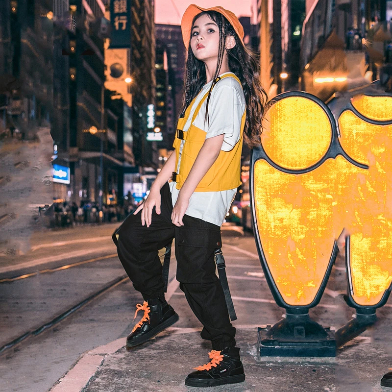 Детская одежда в стиле хип-хоп для девочек, жилет топы, штаны для бега, костюм для джазовых танцев Детская одежда для бальных танцев, уличная одежда для рейв SL2112