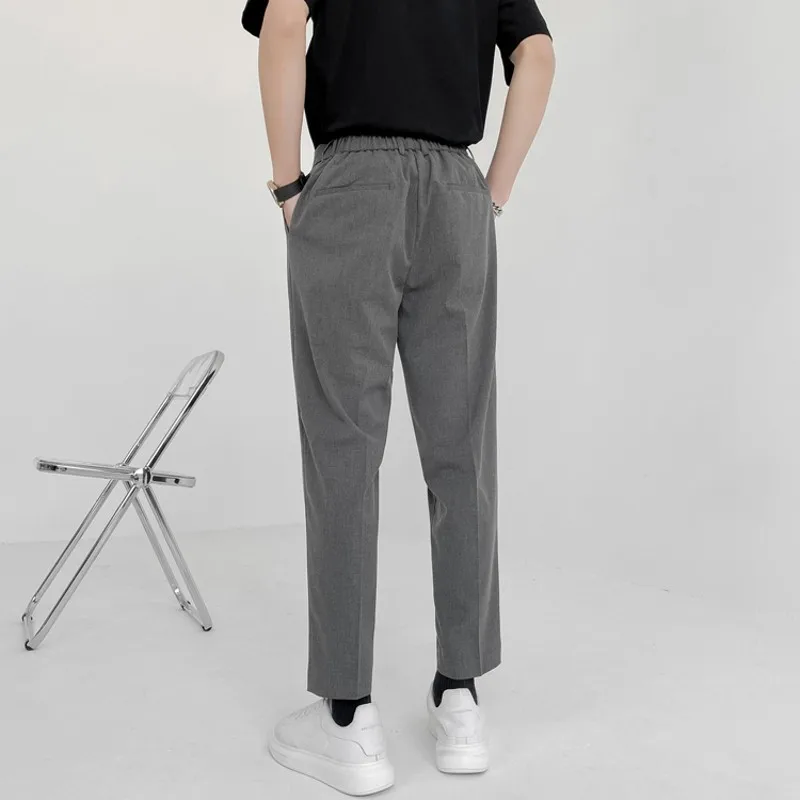 Men dress pants: summer fashion men's pants elastic waist ankle length casual suit pant Korean style regular fit solid luxury trousers beige blue