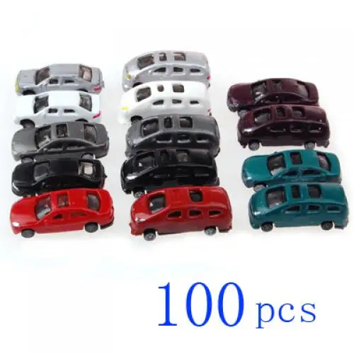 100pcs Plastic Painted Miniature Model Cars Scale Z 1:200 Train Street Road Buildings Parking Diorama Scenery Landscape