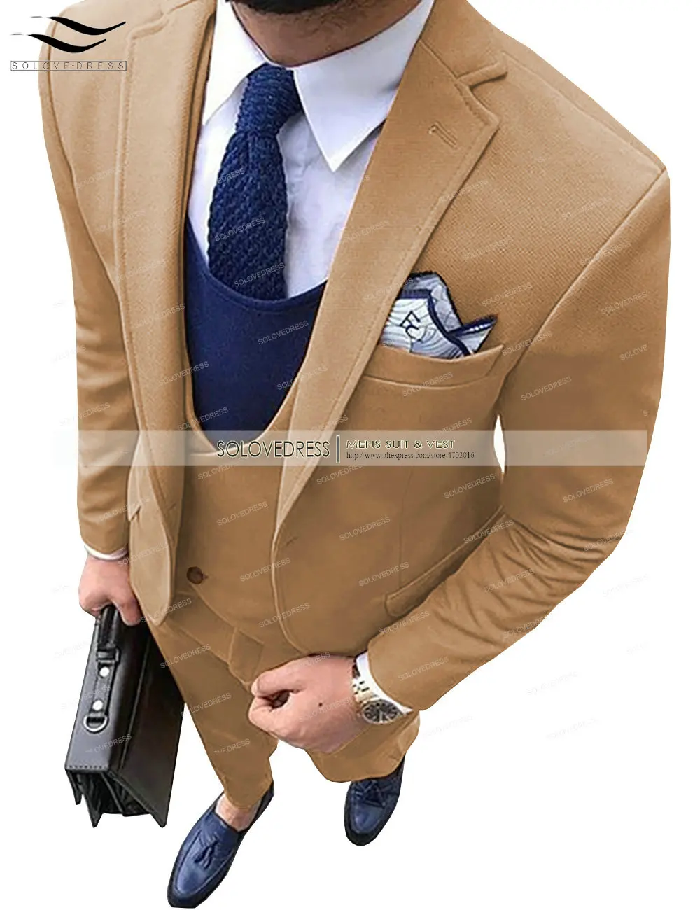 Новые модные мужские твидовые шерстяные костюмы из трех предметов, приталенный деловой смокинг с шалевым отворотом(Блейзер+ жилет+ брюки - Цвет: Brown