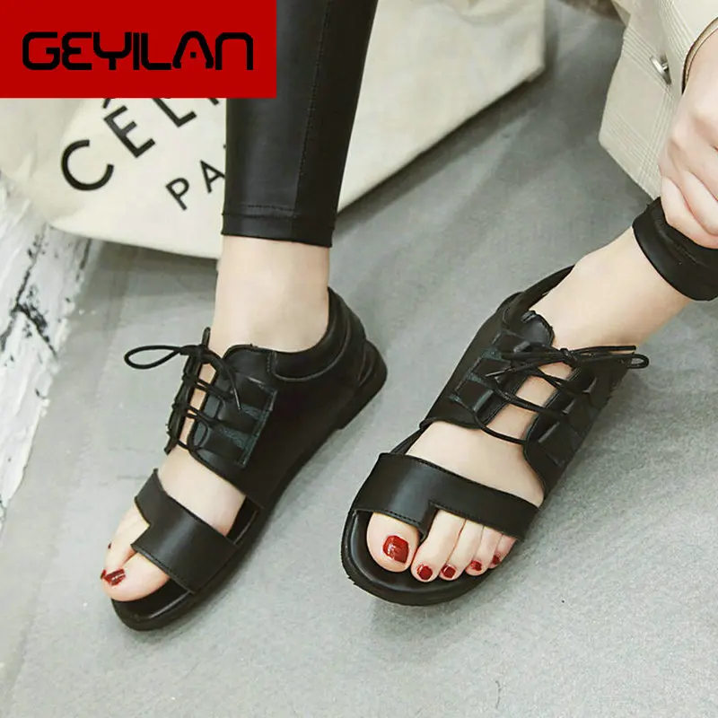 

2019 New Style Summer Gladiator Sandals Female Square Low Heels Pumps Lace Up Open Toe Casual Shoes Women Size 34-43