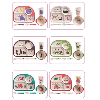 

5Pcs/Set Baby Bamboo Fiber Bowls Cute Cartoon Eco-Friendly Children's Dinnerware Natural Tableware Set Separation Feeding Plate