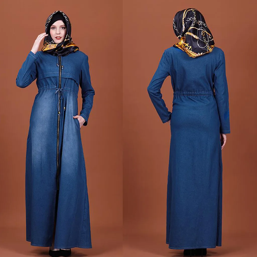 KANCOOLD, женское джинсовое платье с карманами, мусульманская длинная юбка, зимнее мусульманское исламское платье, костюм, платье, мусульманская одежда для женщин, Турция