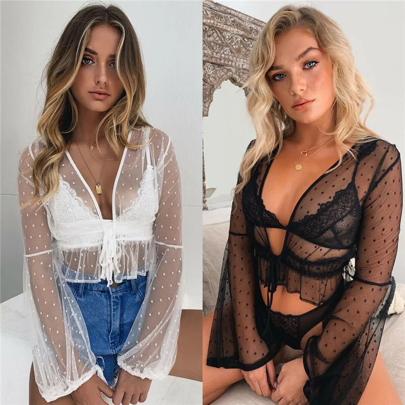 

Sexy Swimwear Mesh Sheer Tops Blouse Sexy V-neck Womens Transparent Bikini Smock Cover-up Perspective Beach Wrap Crop Tops 2019