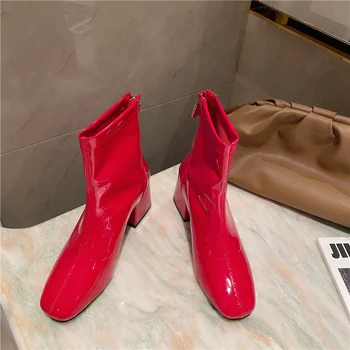 

Patent 2020 Leather Ankle Boots Women Thick High Heels Sqaure Toe Western Cowgirl Boots Female Ladies Warm Fur Short Boots Shoes