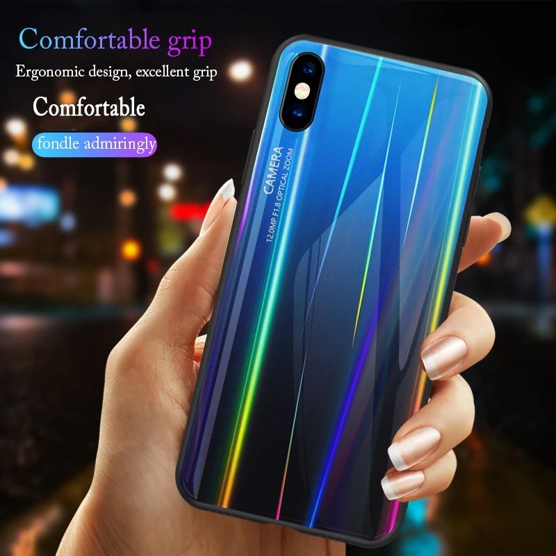 

laser Tempered glass Case For iPhone 7 8 6 6S Plus X XR XS MAX Laser Aurora Gradient Colorful Back Cover Shockproof Fundas Case