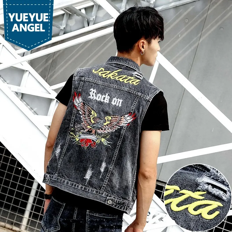 

Fashion Casual Embroidery Hole Ripped Mens Waistcoats Korean Single Breasted Turn Down Collar Slim Sleeveless Vests Plus Size