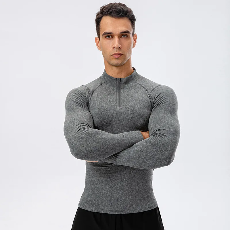 Men's Long-Sleeved  Gym Stretch Lapel Zipper Design Top  Winter Quick-Drying Men's Running top T-shirt