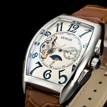 SEWOR Новая мода Tourbillon Досуг Спорт мужские s мальчик автоматические механические кожаные Наручные часы мужские симфония Стекло Зеркало Часы