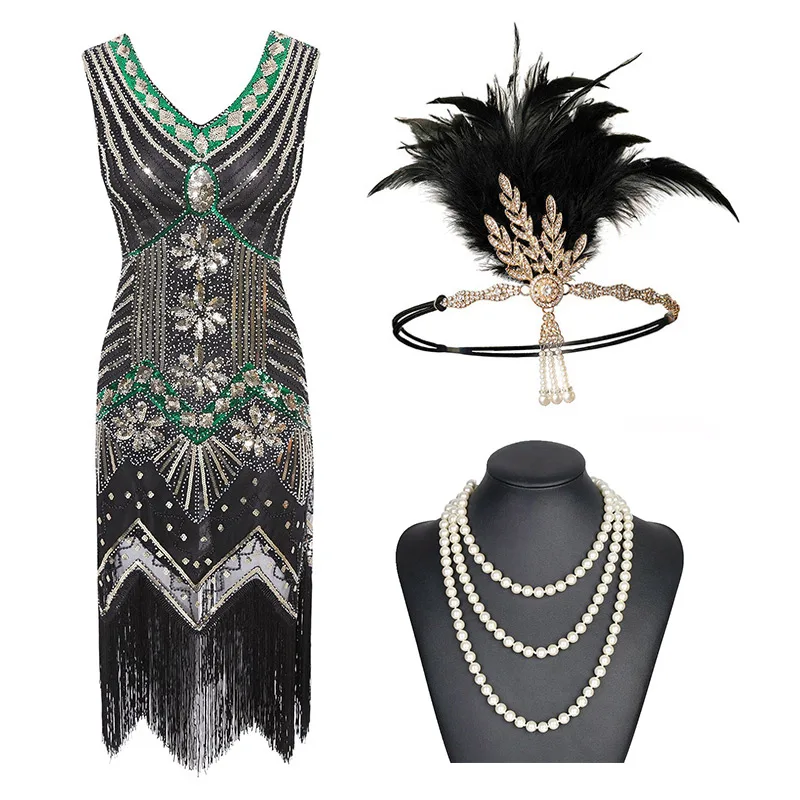 Gold Green set Винтажное платье размера плюс S1920s Gastby с блестками и сеткой в стиле модерн, украшенное бахромой, черный/зеленый/белый/золотой - Цвет: Gold Green set