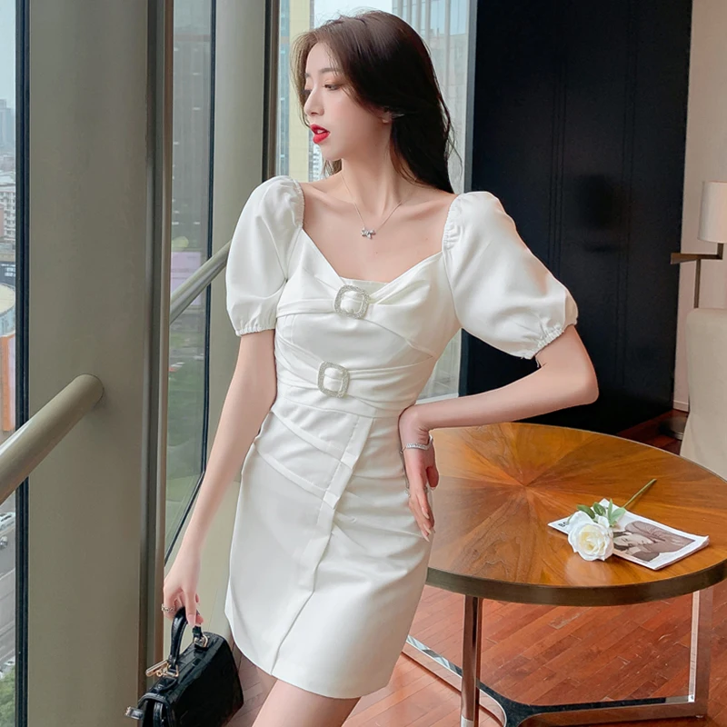 

Women White Bodycon Off Shoulder Sexy Club Mini Dress Summer Vintage Chic Korean Hepburn Casual Dress 2023 Elegant Party Vestido